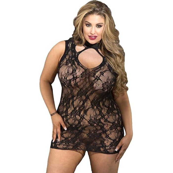 STRETCH LACE CHMISE QN LAV/BLK