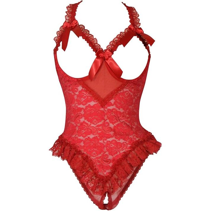 OPEN BUST LACE TEDDY RED/BLK