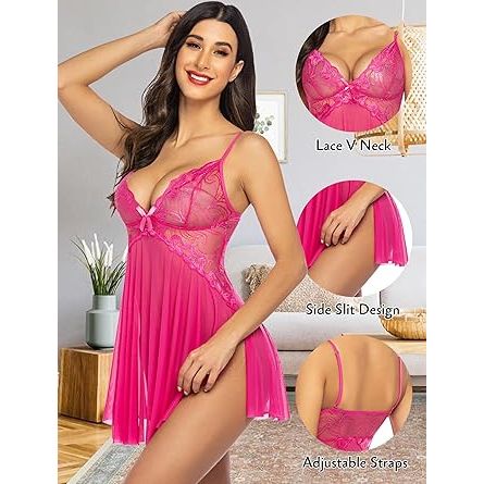 LACE/MSH CHMISE HOT PNK O/S
