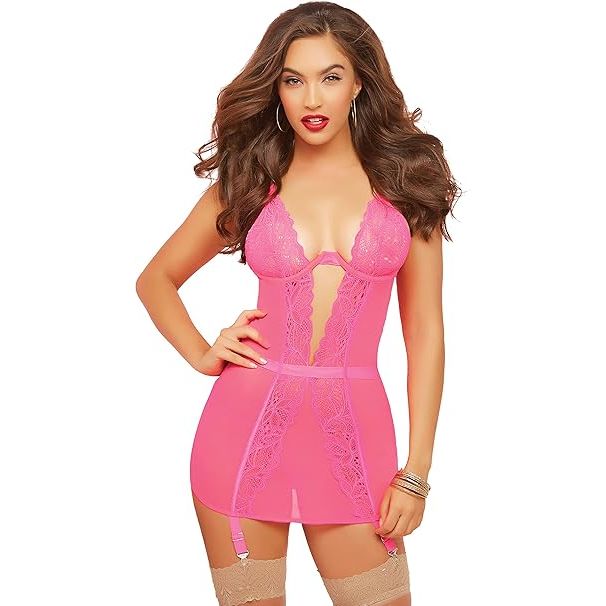 LACE & MESH CHMSE/THNG QN PNK