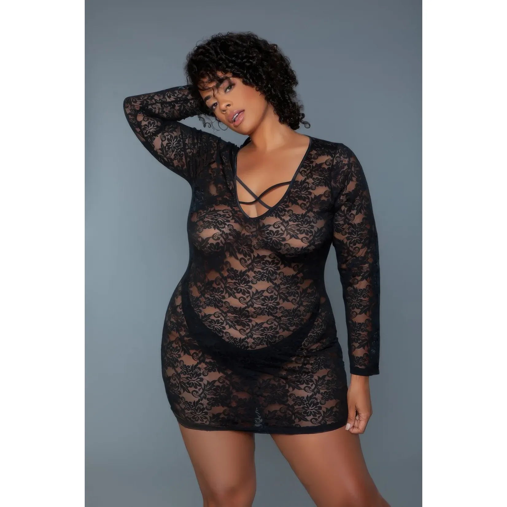 LONG SLV MSH/LACE CHMSE BLK QN