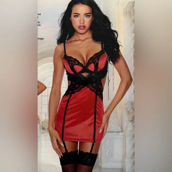 OPEN BUST LACE CHEMISE RED/BLK